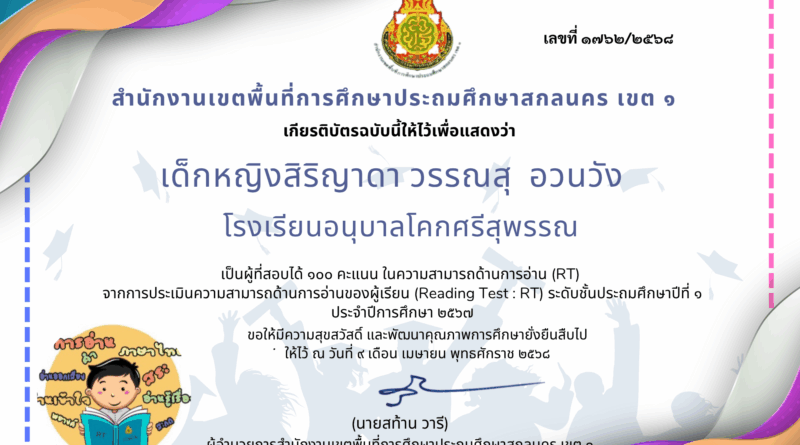 โรงเรียนอนุบาลโคกศรีสุพรรณ ขอแสดงความยินดีกับเด็กหญิงสิริญาดา วรรณสุ อวนวัง ที่สอบได้คะแนนเต็ม 100 คะแนน ในความสามารถด้านการอ่าน (RT) จากการประเมินความสามารถด้านการอ่านของผู้เรียน (Reading Eest : RT) ระดับชั้นประถมศึกษาปีที่ 1 ประจำปีการศึกษา 2567